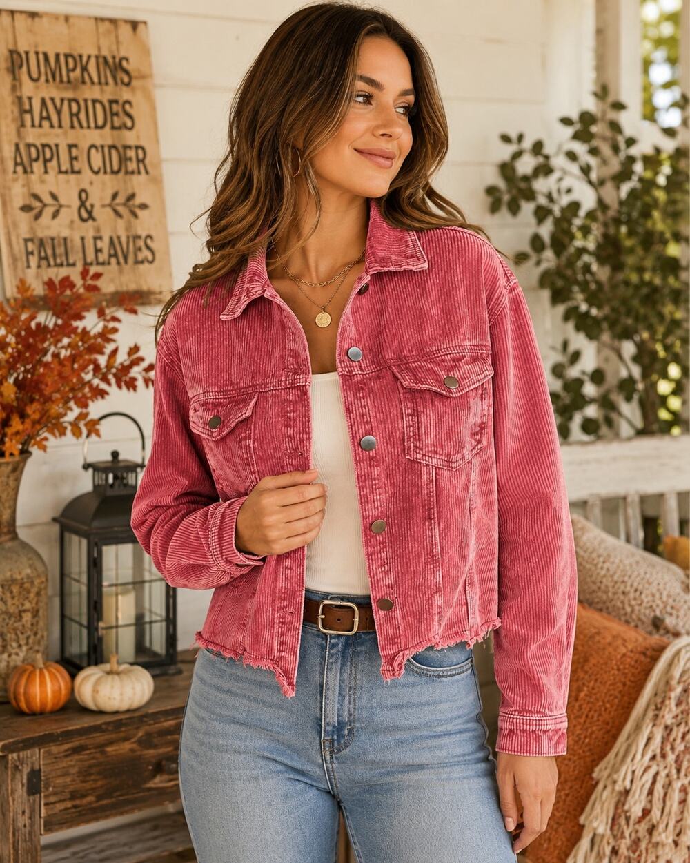 Dusty Rose Corduroy Cropped Jacket Raw Hem Womens Small Boho LCRRRN